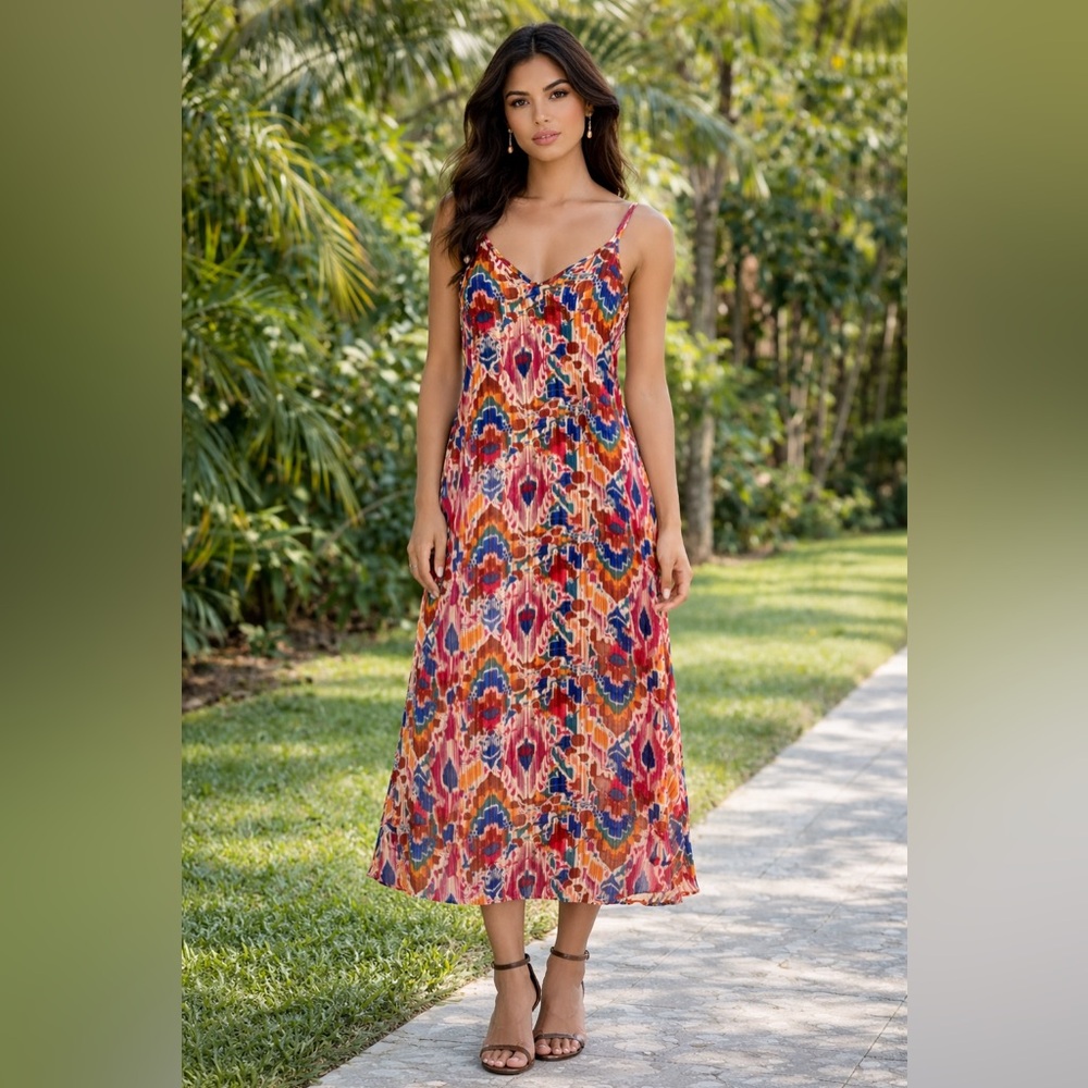 MSK Maxi Dress Boho Colorful Beach Earth Tone Metallic Flowy V Neck Straps Large